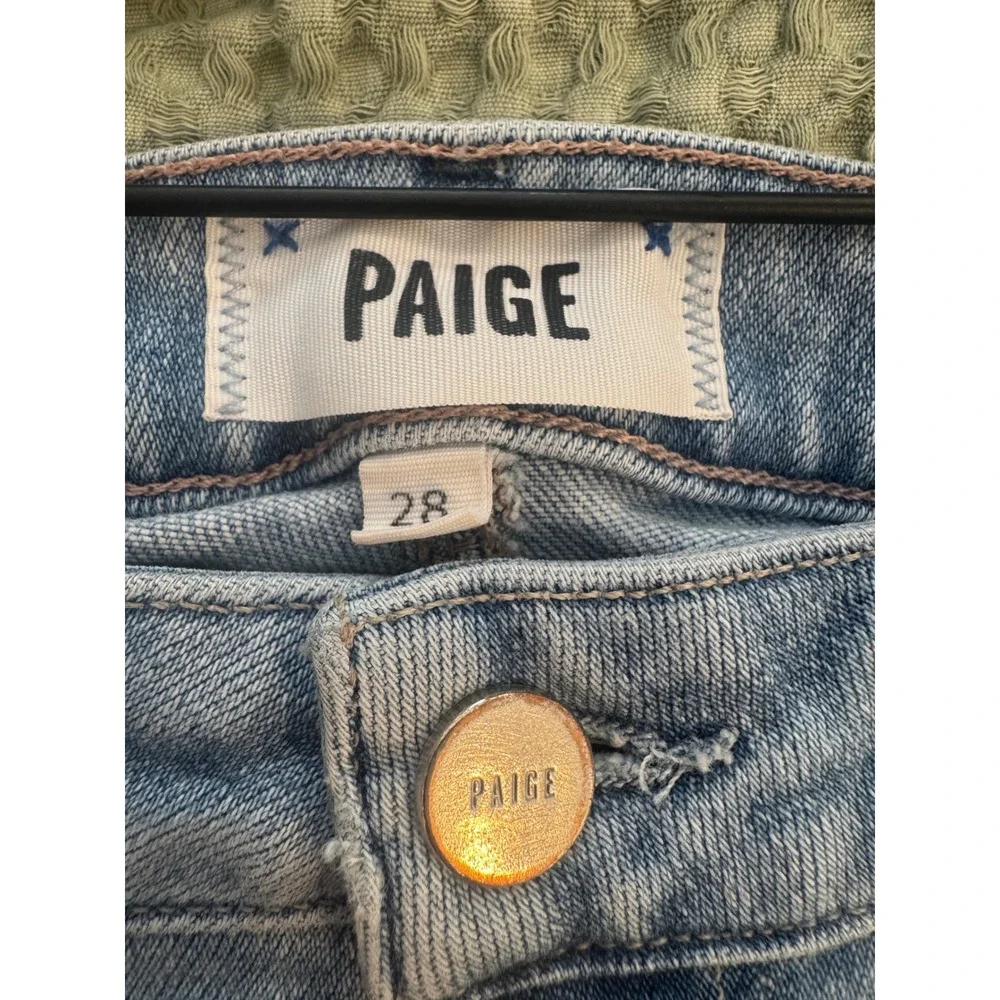 PAIGE Cindy High Rise Straight Leg Distressed Jeans Light Blue Raw Hem. Stretch.
